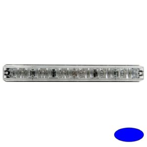 Blitzleuchte-LED XLOW-EB, LxHxT=130x16x28mm, 10-30VDC, 6x 2,2W-LED, Warnfarbe Blau, Haubenfarbe Klar, Anbaugehäuse, nur 16mm hoch(!), Blinkrelais eingebaut, inkl. hilfreichem Montagezubehör