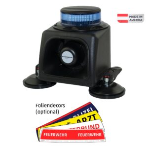 EUSIG-S2.1 STANDARD, Kennleuchte Warnfarbe Blau, Sirene 50W, Einsatzton Polizei-AT, Saugfüsse mit Kipphebel, 12V