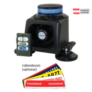 EUSIG-S2.1 COMPLETE, Kennleuchte Warnfarbe Blau, Sirene 50W, Einsatzton Polizei-AT, Mikro-Bedienteil, Saugfüsse mit Kipphebel, 12V