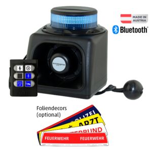 EUSIG-M2.0 COMPLETE+BT, TxBxH=183x156x197mm, 12V, Kennleuchte MINILED-POWER: Warn- u.Haubenfarbe Blau, Sirene: 50W, Einsatzton Polizei-AT
