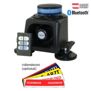 EUSIG-S2.1 COMPLETE+BT, Kennleuchte Warnfarbe Blau, Sirene 50W, Einsatzton Feuerwehr-AT, Mikro-Bedienteil, Bluetooth, Saugfüsse mit Kipphebel, 12V