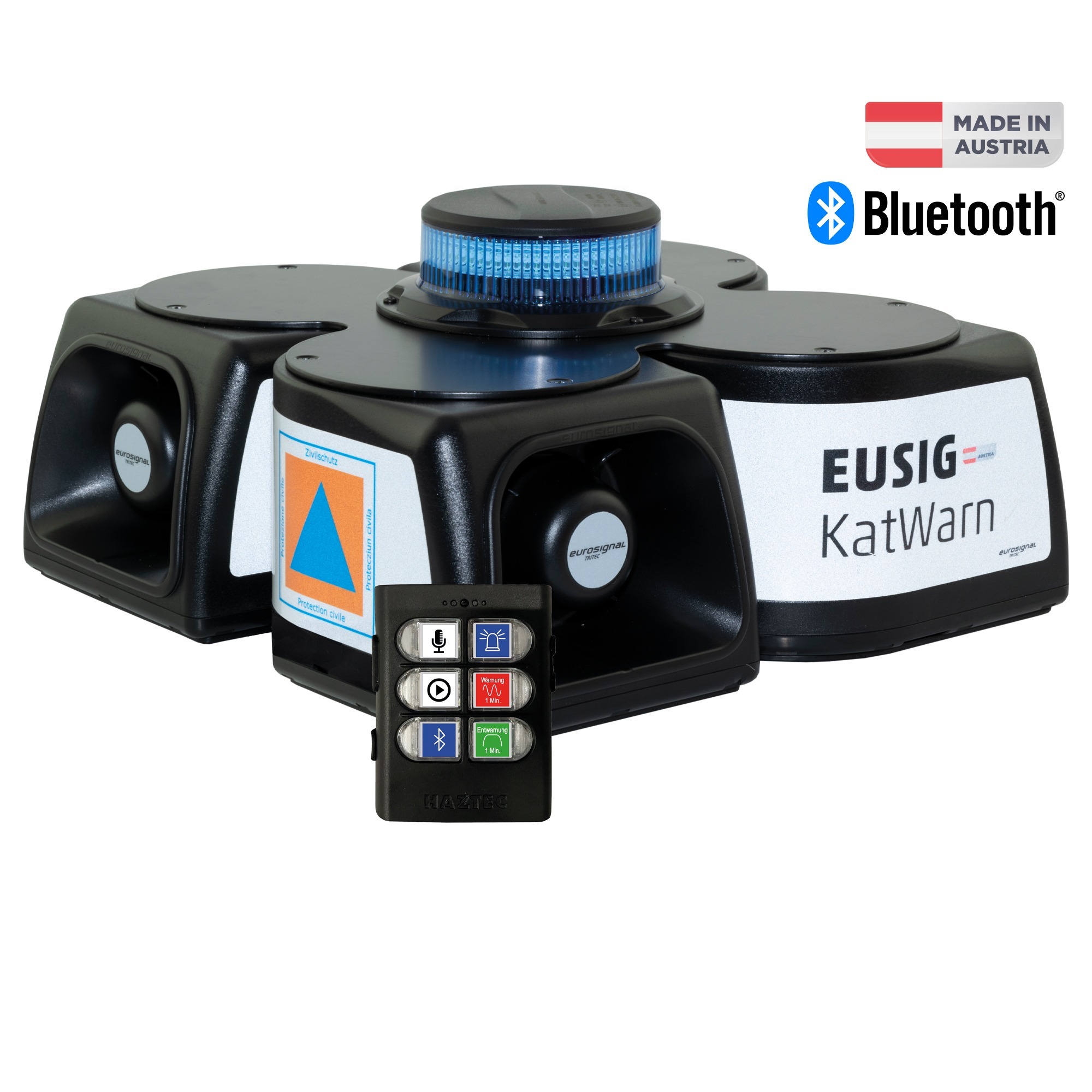 EUSIG-M2.0 KATWARN-Quattro COMPLETE+BT, Kennleuchte MINILED POWER: Blau, 4 Lautsprecher, Töne DE: Warnung-Entwarnung, Mikro-Bedienteil, Sprachrekorder, Bluetooth, Magnetfüsse, 12VDC