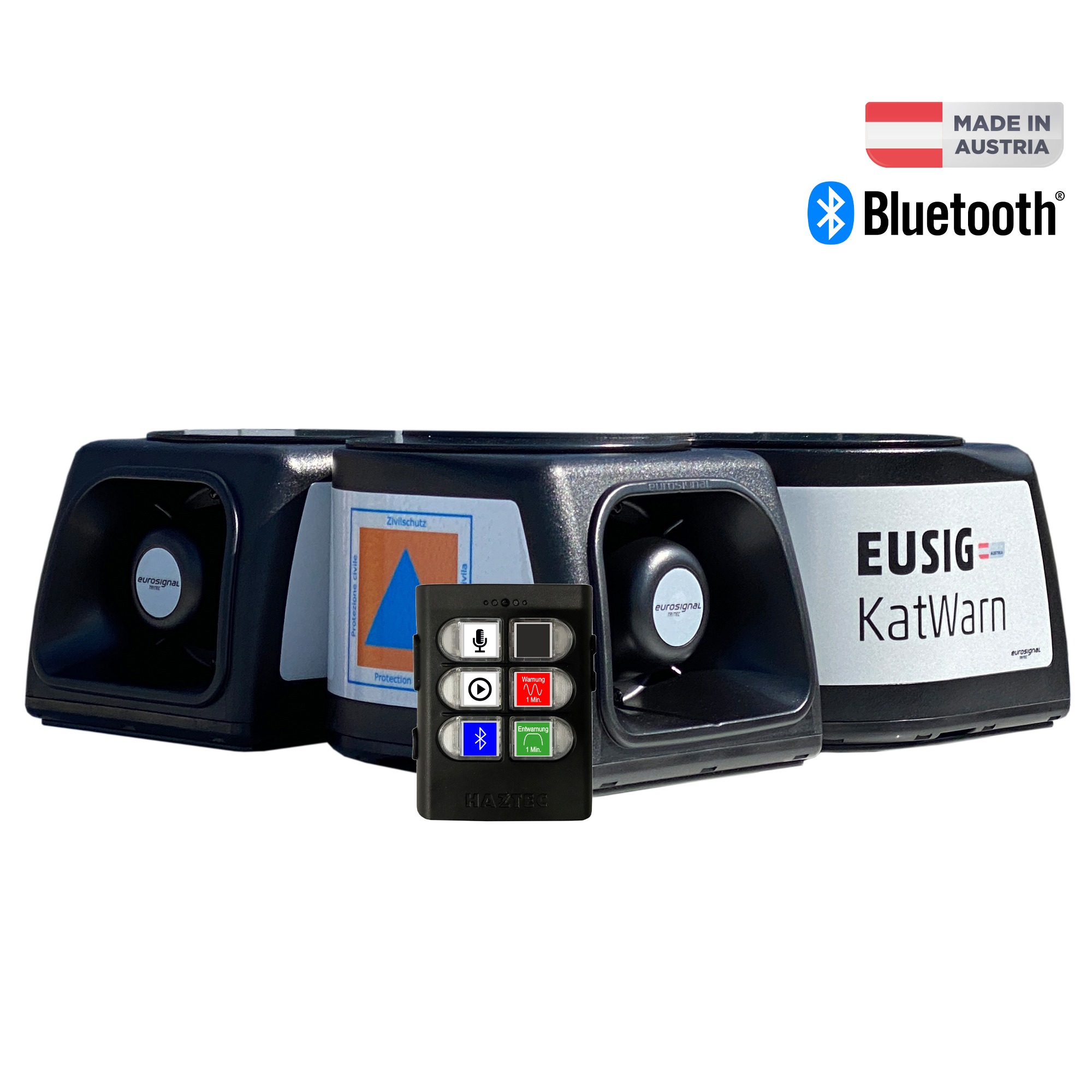 EUSIG-M2.0 KATWARN-Quattro COMPLETE+BT, keine Kennleuchte, 4 Lautsprecher, Töne DE: Warnung-Entwarnung, Mikro-Bedienteil, Sprachrekorder, Bluetooth, Magnetfüsse, 12V