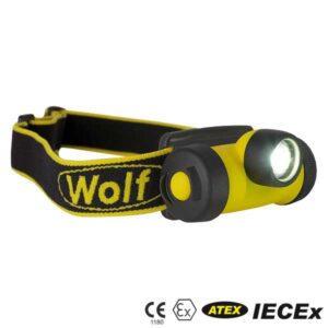 LED-Stirnlampe Wolf HT-400Z0, Thermoplastik Gehäuse, Polycarbonatlinse, Zone 0, 1, 2, 20, 21, 22, EX-Schutz: II 1GD Ex ia op is IIC T4 Ga IP66 / Ex ia op is IIIB T125°C Da, 1 weiße LED 75 Lumen, bis zu 8,5h Leuchtdauer mit 3 LR03 Batterien