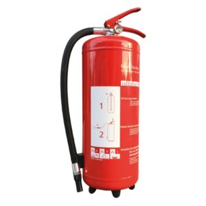 Minimax-Pulverlöscher DS 6 iM. Leistungsklassen A, B und C, Löschmitteleinheiten (LE) 10., EN 3., Dauerdruckgerät, Druckhebel-Armatur, 1-Griff-Bedienung, innenliegende CO2-Druckgasstahlflasche mit Steigrohr.Ø160 mm, Höhe 520mm